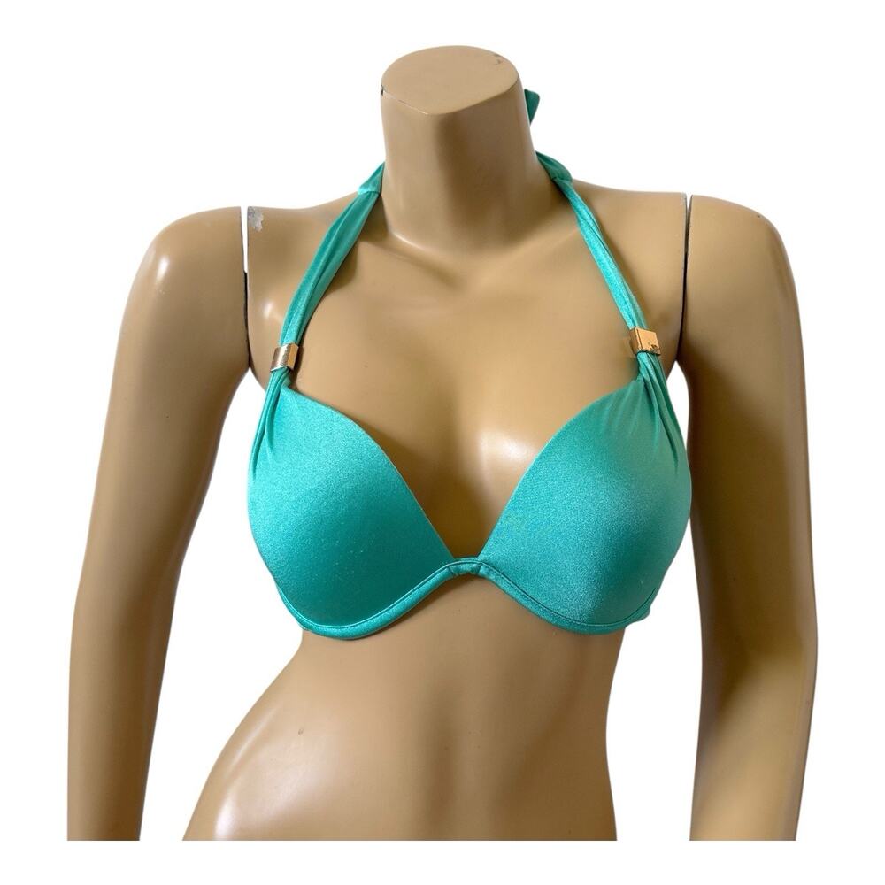 Victorias Secret The Hottie Halter Bikini Top 34C Teal Push Up Gold Hardware